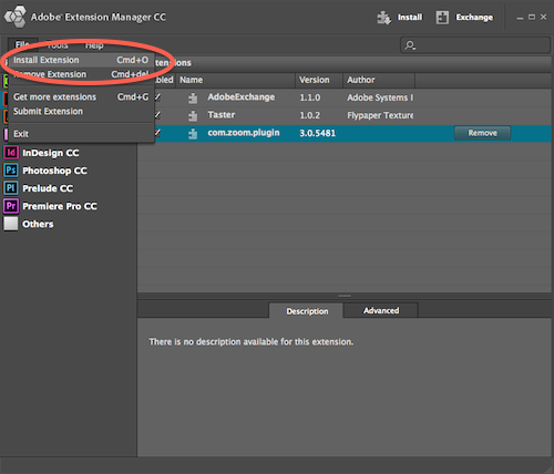 Install Extension - Extensions Manager CC