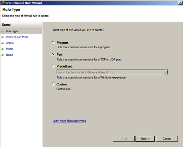 New Inbound Rule Wizard - Windows Firewall