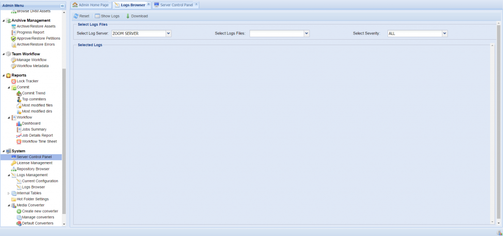 Log Browser Tab in Zoom Server