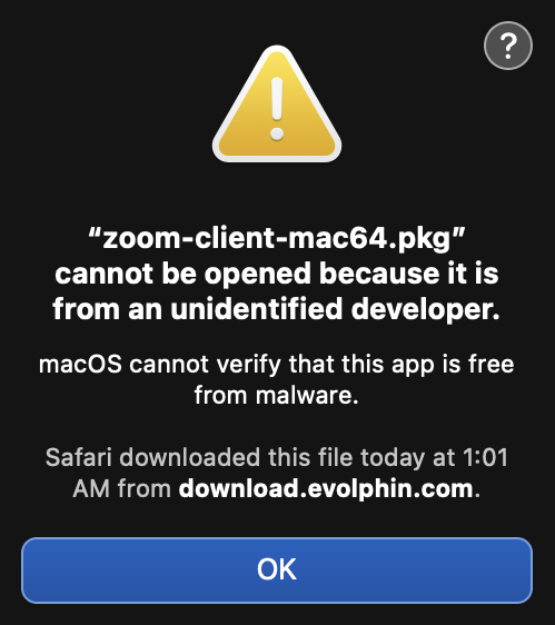 Screenshot of the macOS unidentified developer warning