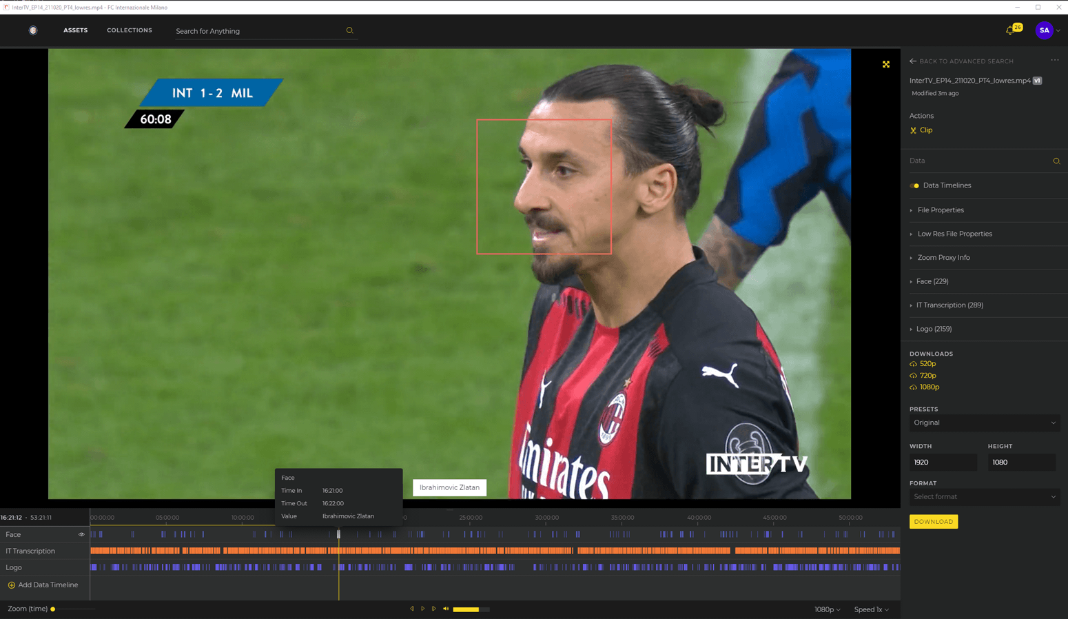 Red square on footballers face showing AI face recognition at work in Evolphin Media Asset Management System